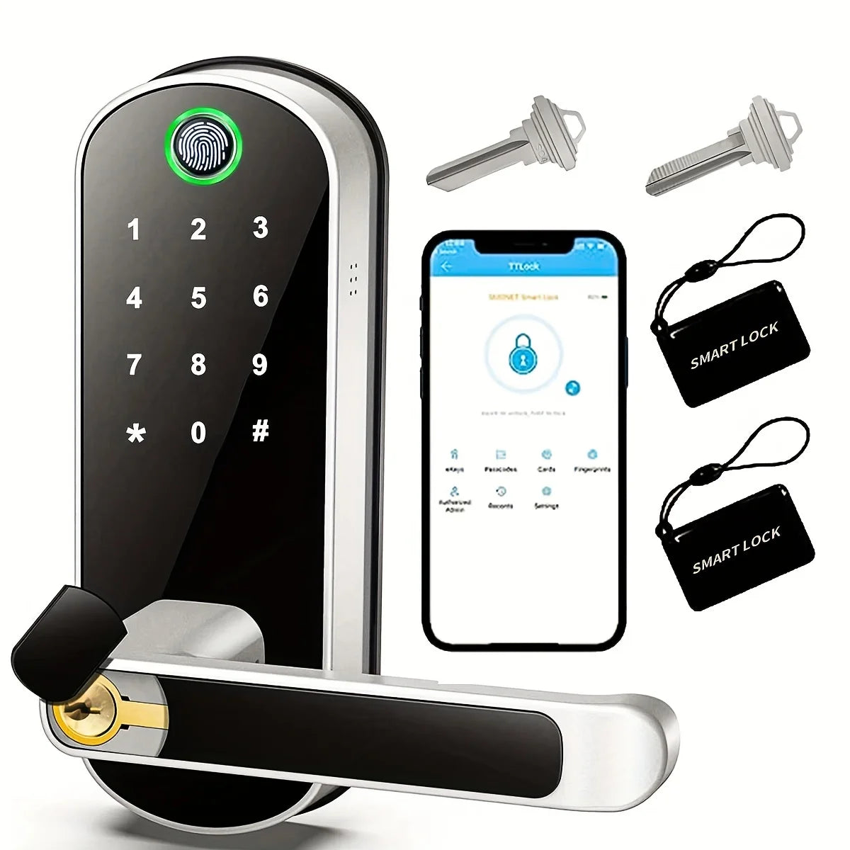 Smart Fingerprint Door Handle Lock - Keyless WIFI Touchscreen NFC with 2 IC Cards